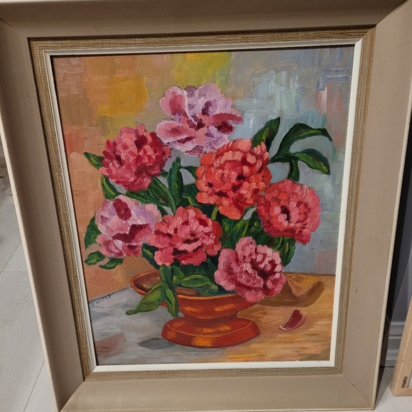 Vintage Painting Original Art Framed Floral Feminine Cottagecore Pink and Green - Picture 3 of 9
